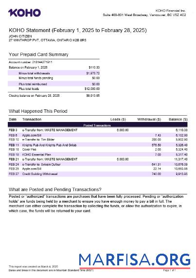 Downloadable Canada KOHO Financial Incorporated bank statement word template